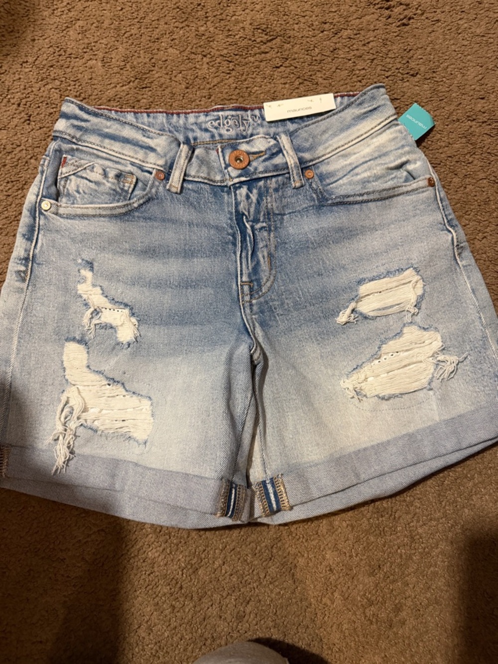 Edgely Light Blue Distressed Denim Roll-Cuff Jean Shorts